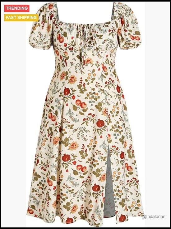 Dresses & Skirts - Plus Size Square Neck Puff Sleeve Floral Fruit Midi Dress